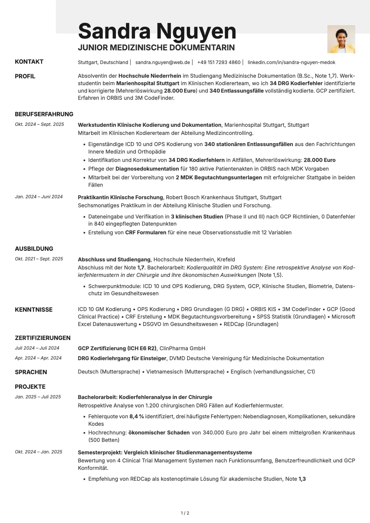 Junior Medizinische Dokumentarin resume example