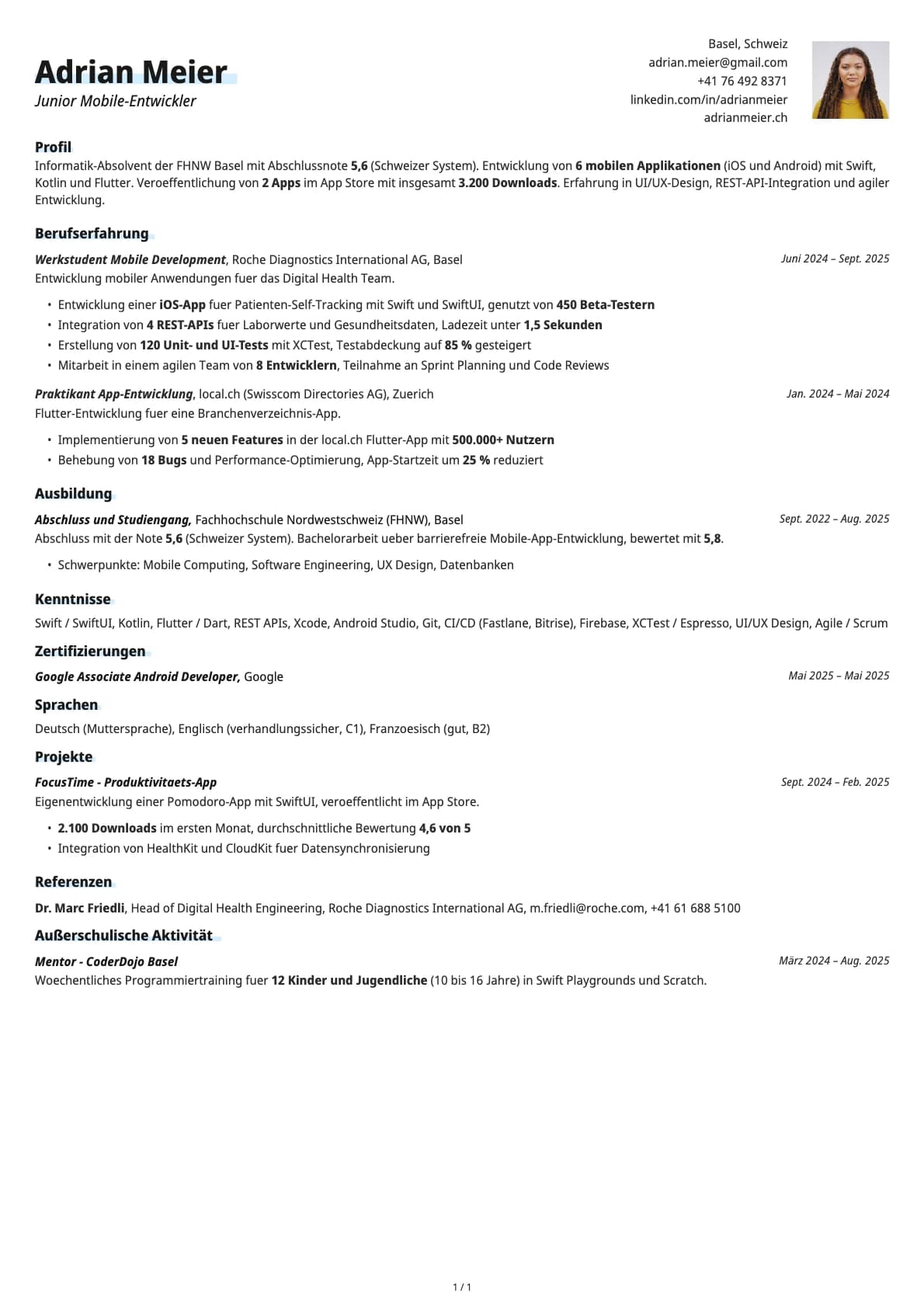 Junior Mobile-Entwickler resume example