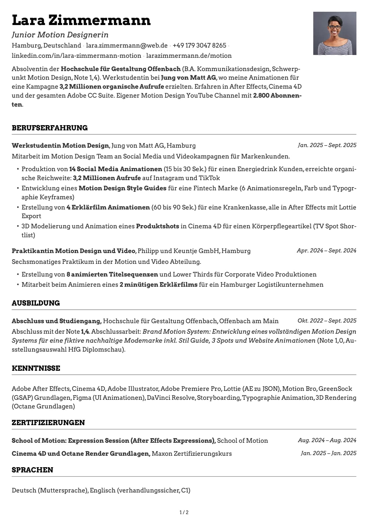 Junior Motion Designer resume example