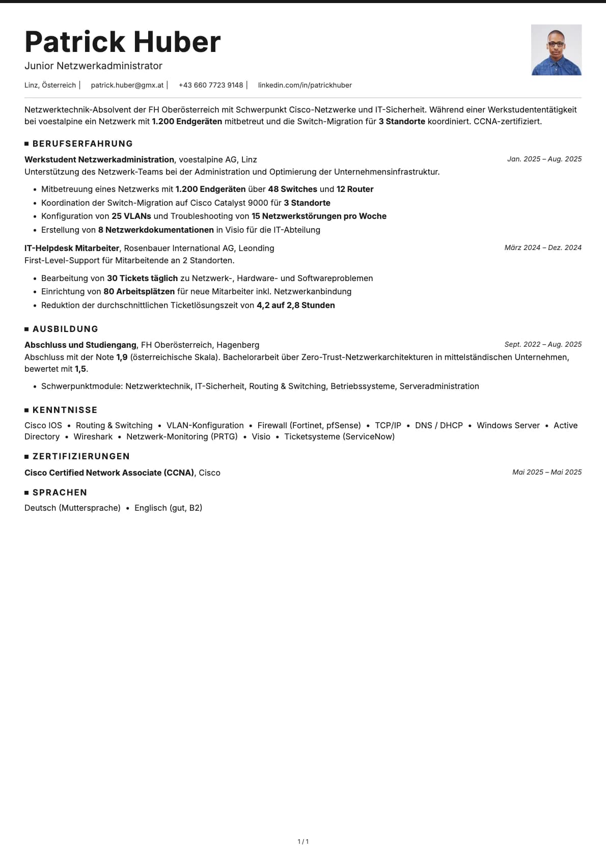 Junior Netzwerkadministrator resume example