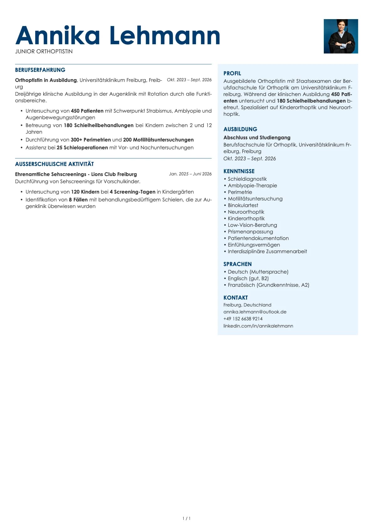 Junior Orthoptist resume example