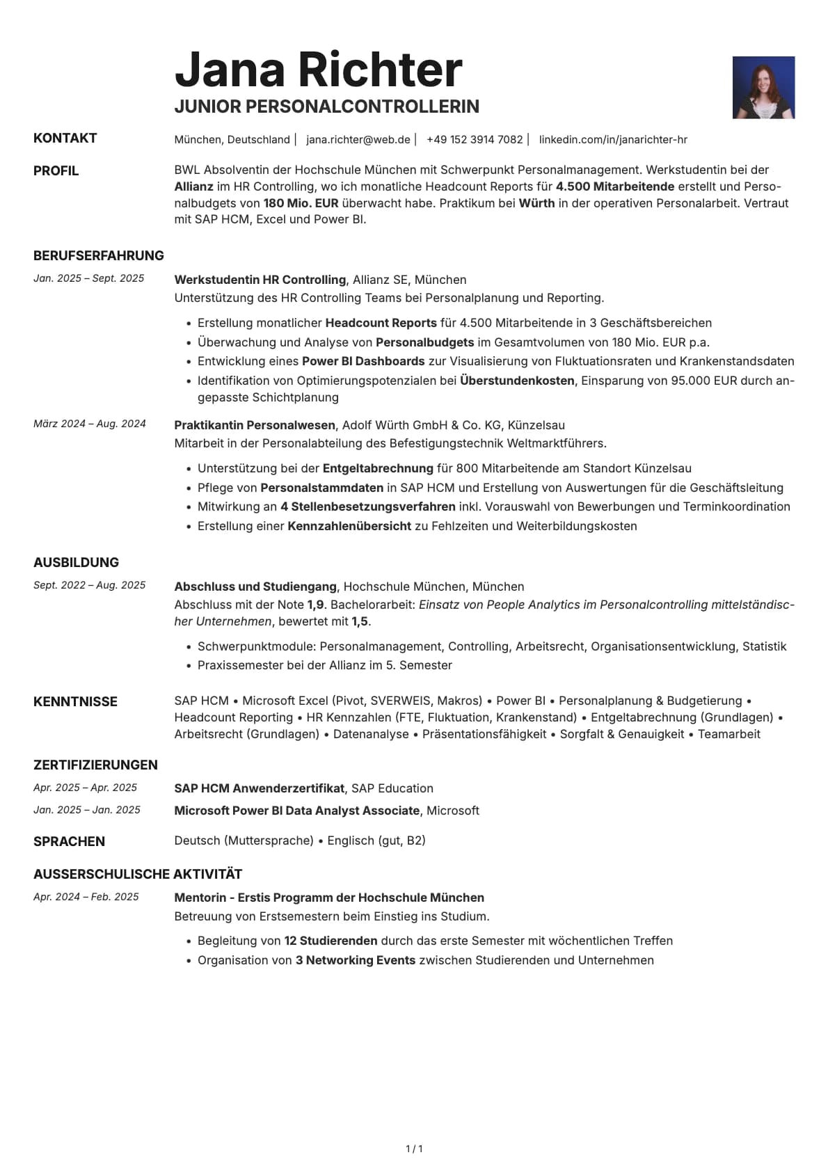 Junior Personalcontroller resume example