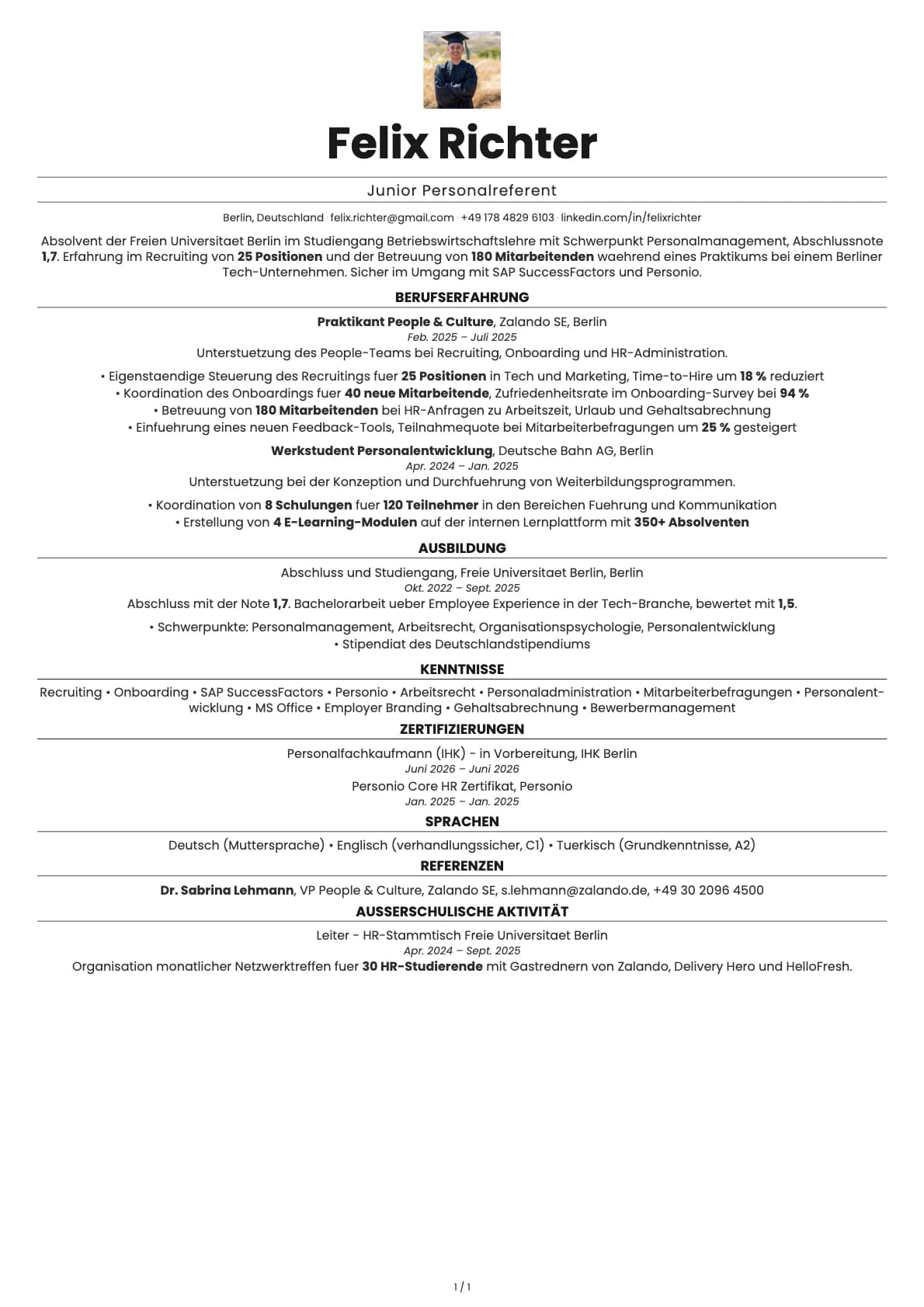 Junior Personalreferent resume example