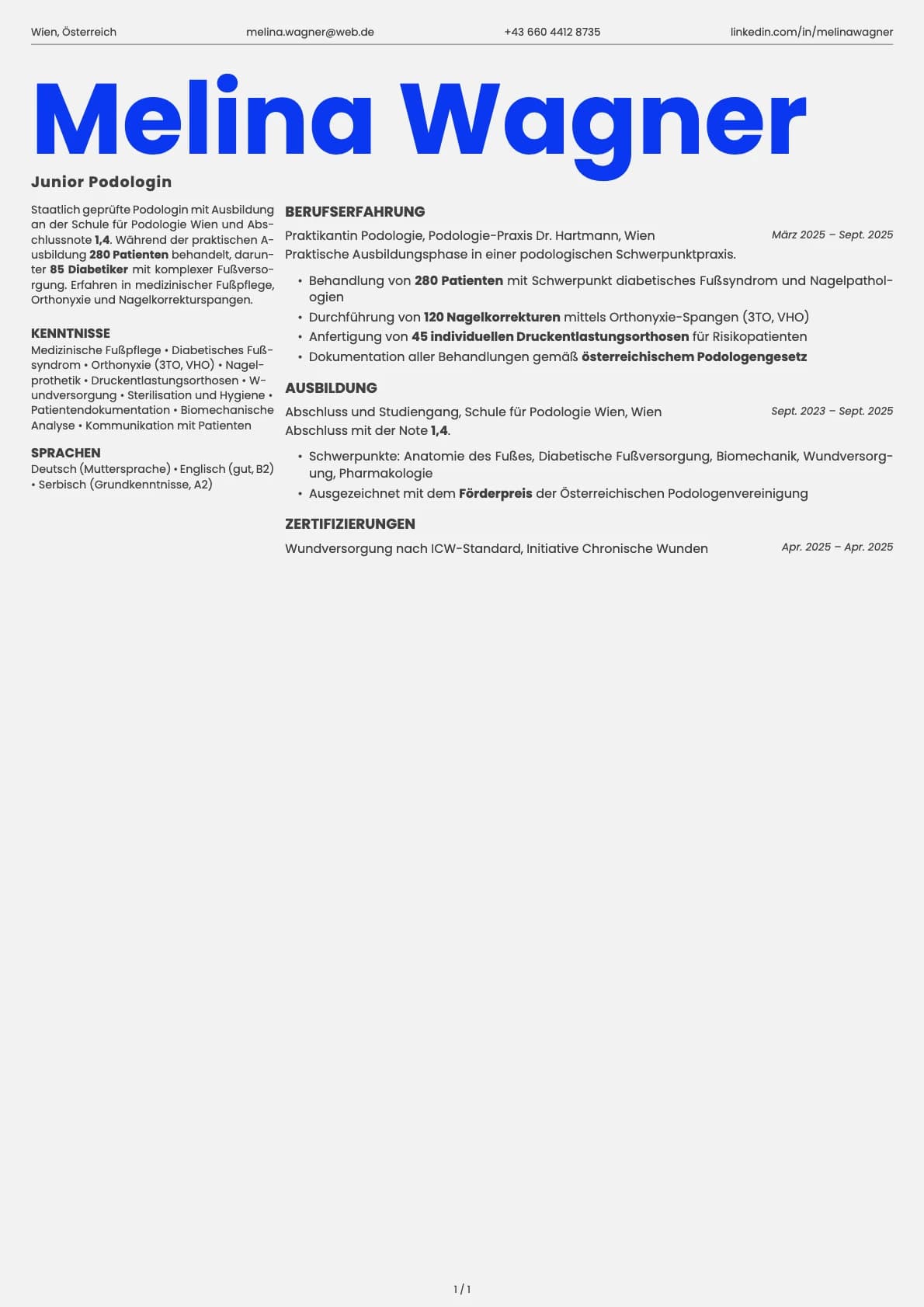 Junior Podologe resume example