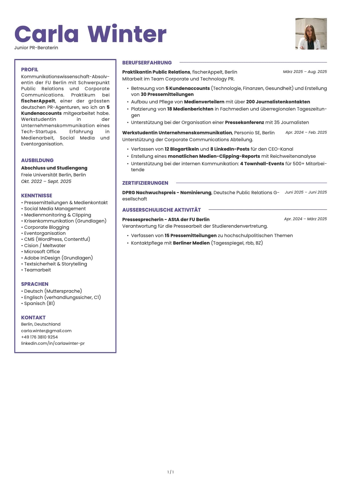 Junior PR-Beraterin resume example