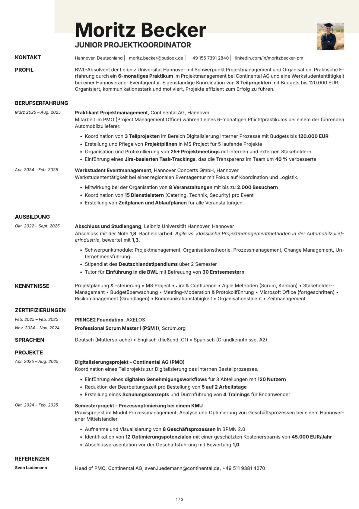 Junior Projektkoordinator resume example