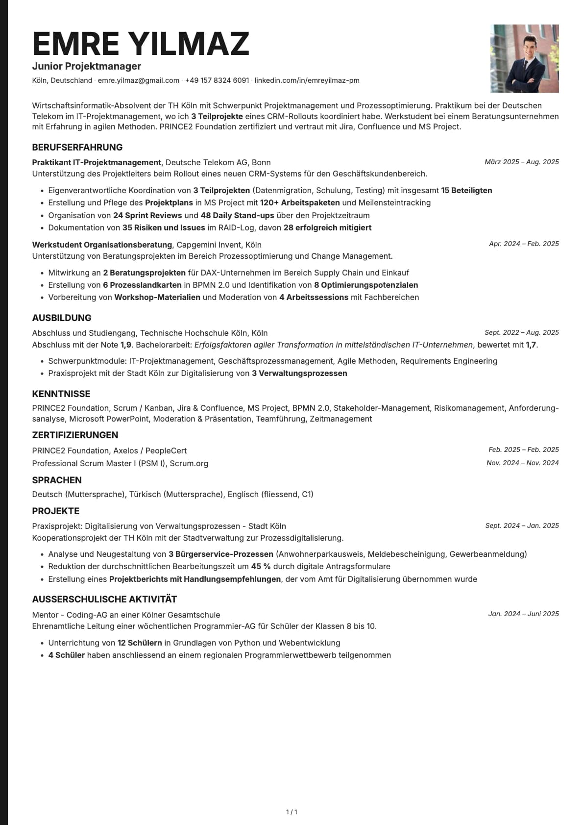 Junior Projektmanager resume example