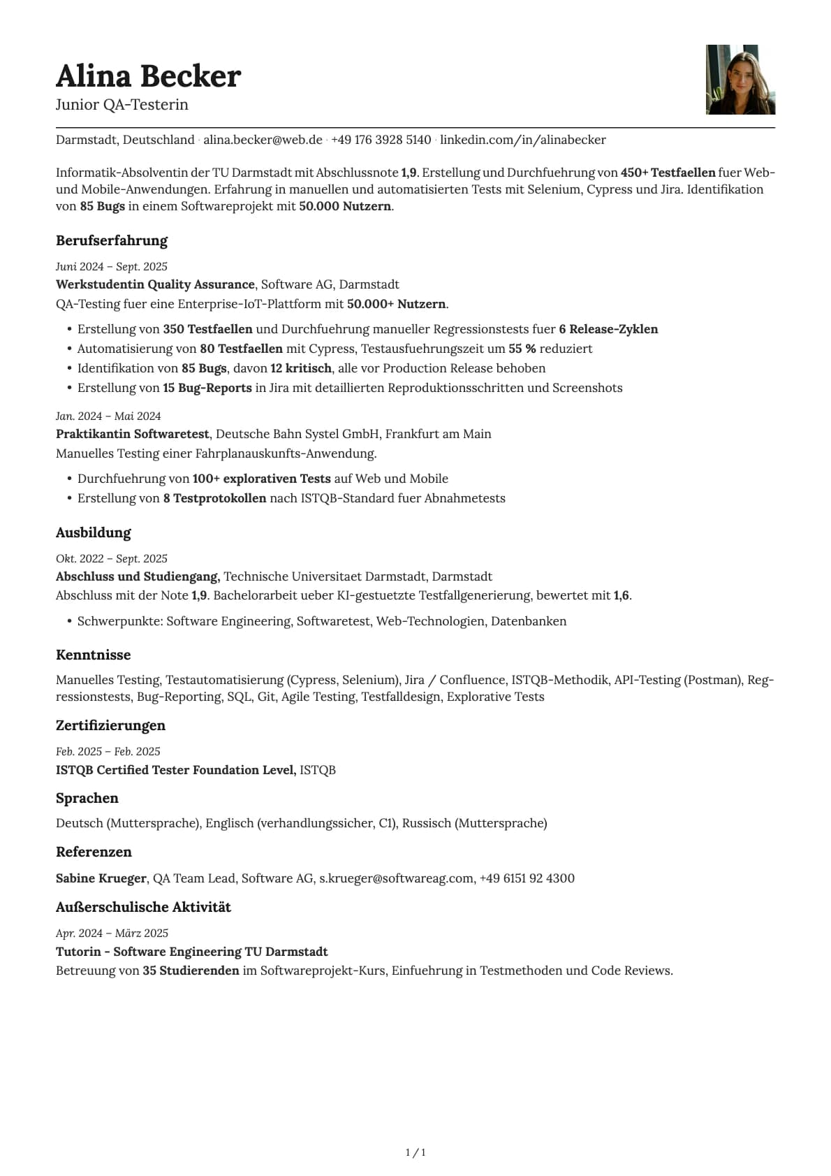 Junior QA-Testerin resume example