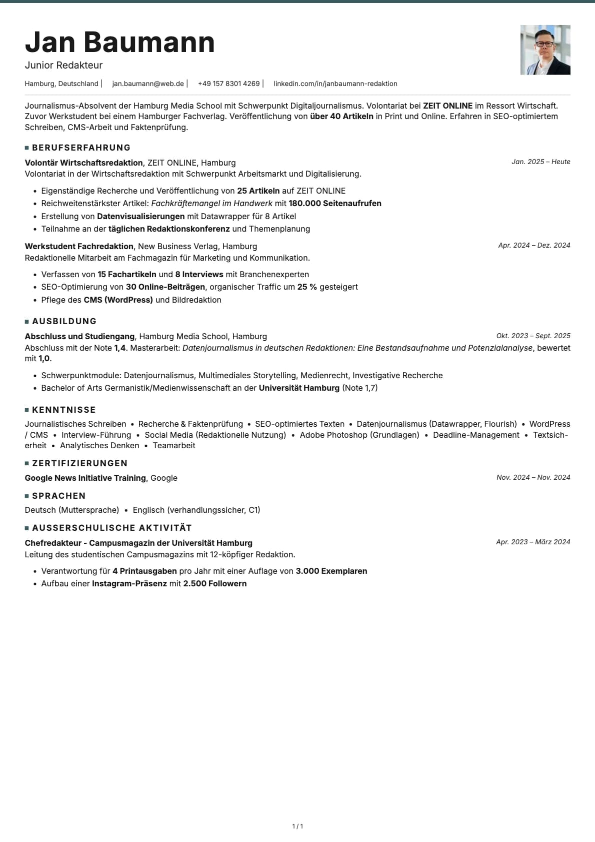 Junior Redakteur resume example