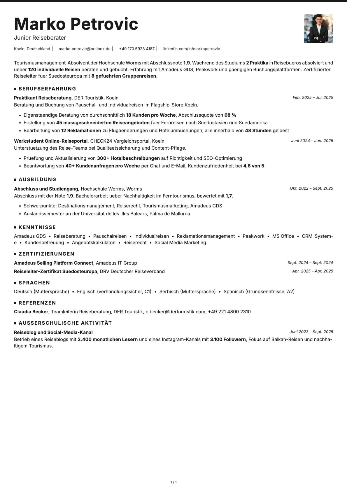 Junior Reiseberater resume example
