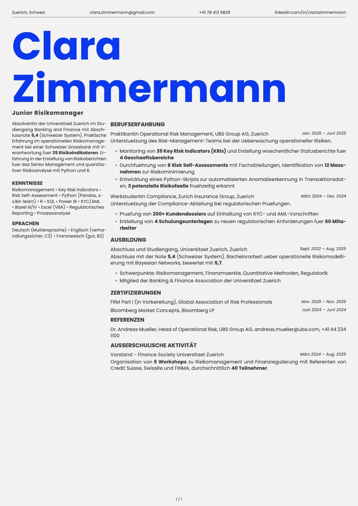 Junior Risikomanager resume example