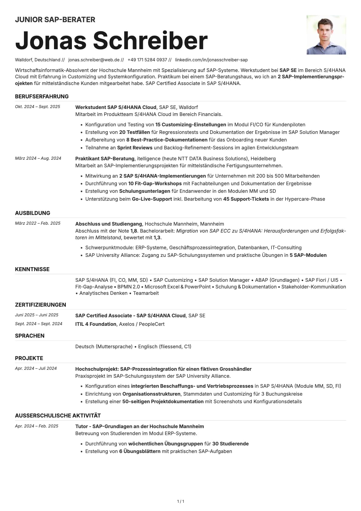 Junior SAP-Berater resume example