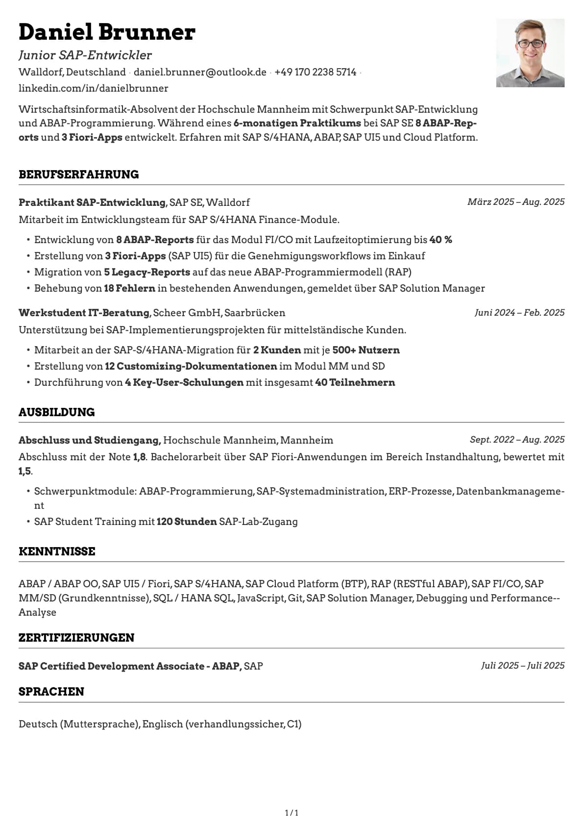 Junior SAP-Entwickler resume example