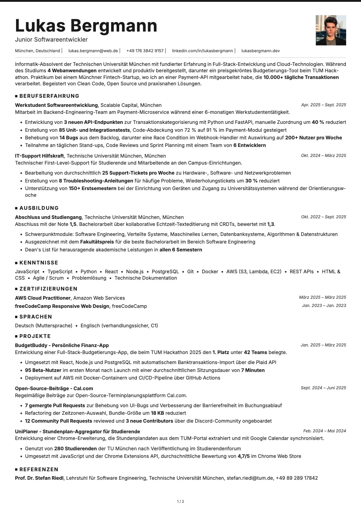 Junior Softwareentwickler resume example