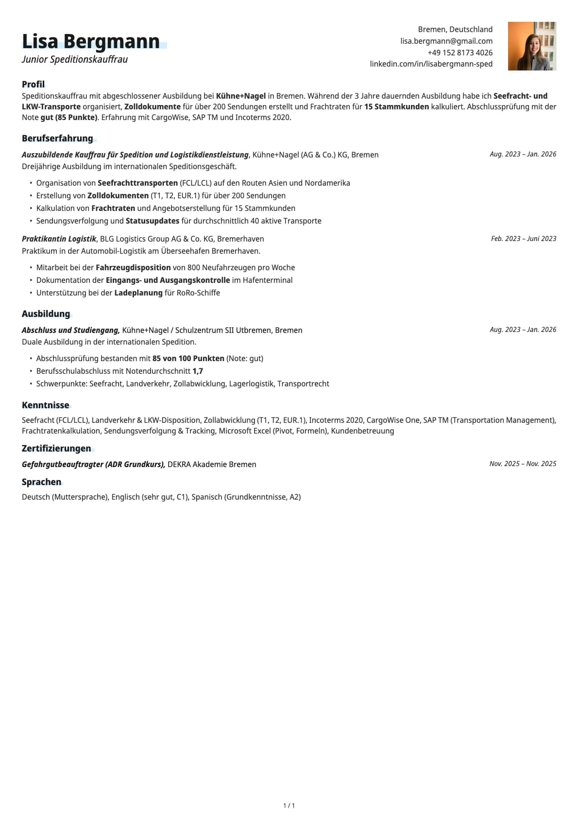 Junior Speditionskaufmann resume example