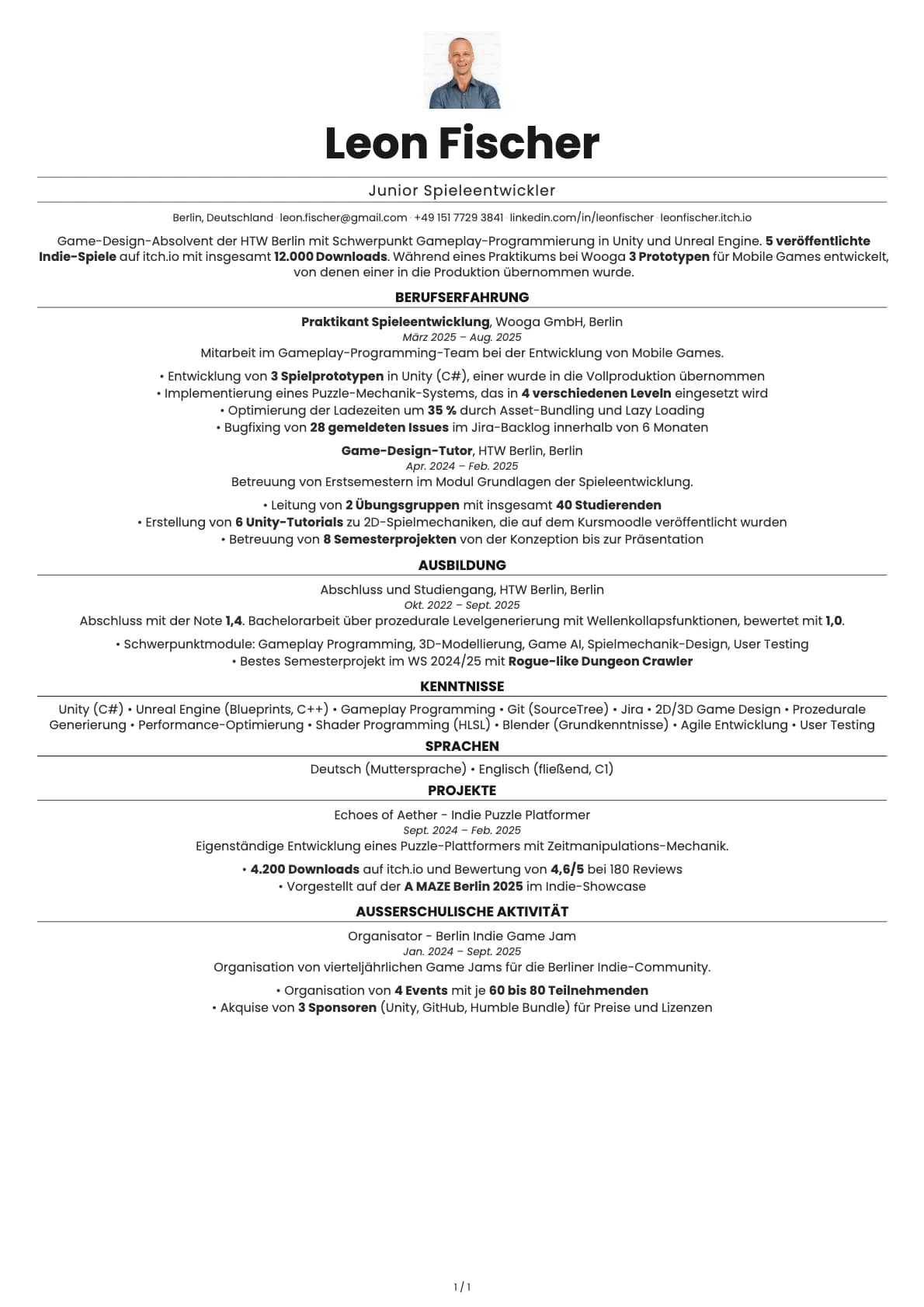 Junior Spieleentwickler resume example