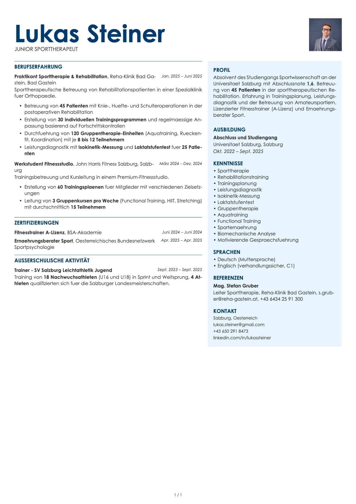 Junior Sporttherapeut resume example