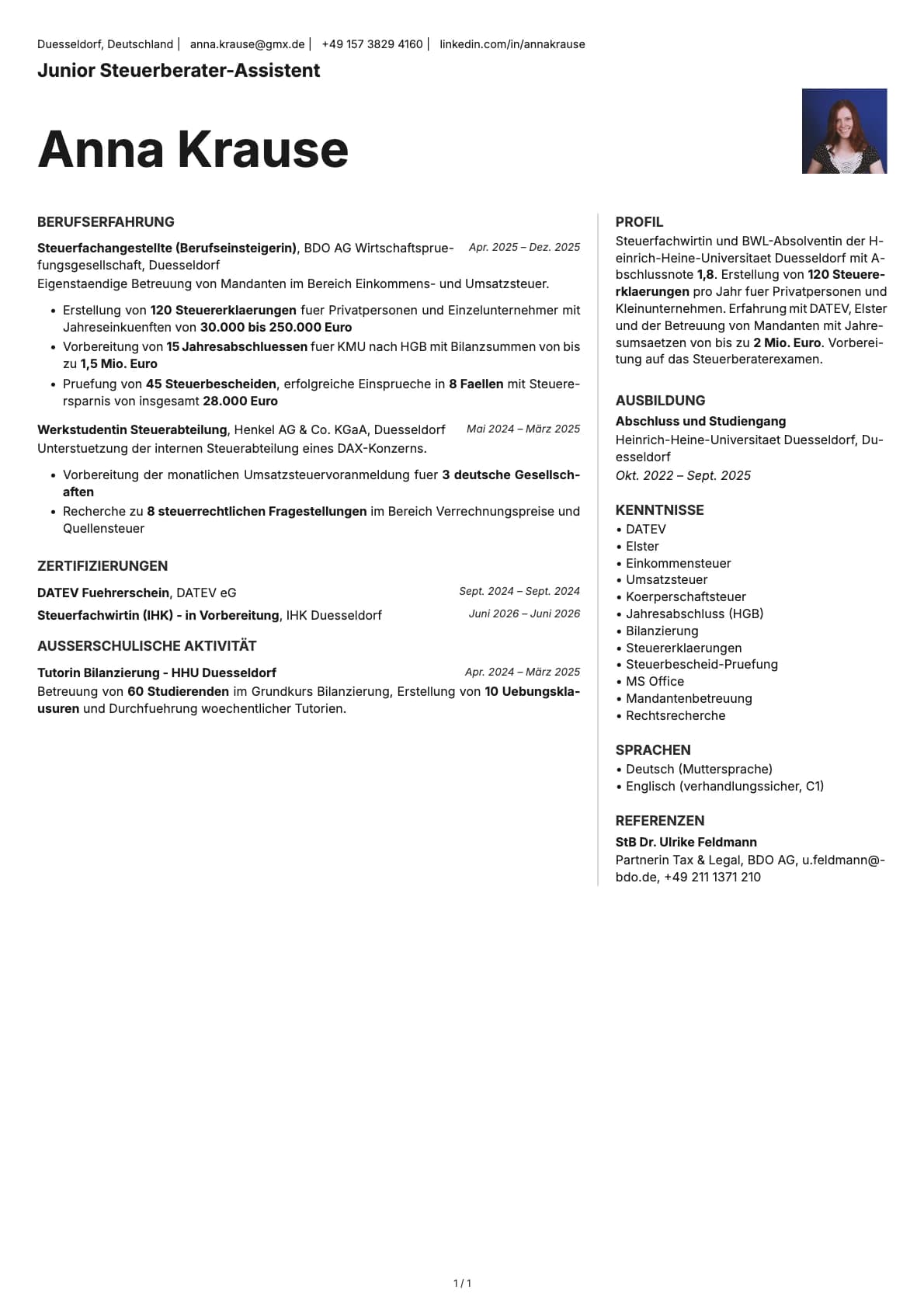 Junior Steuerberater-Assistent resume example