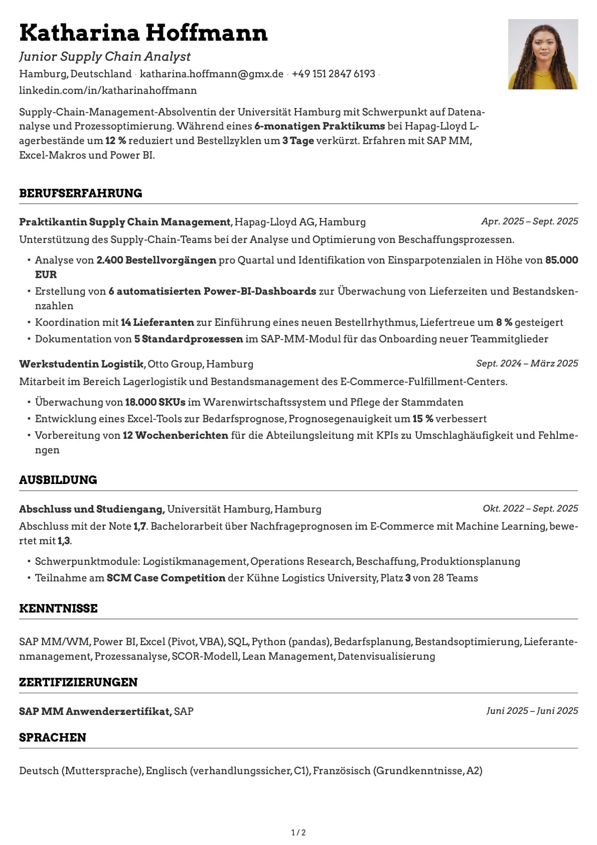 Junior Supply Chain Analyst resume example