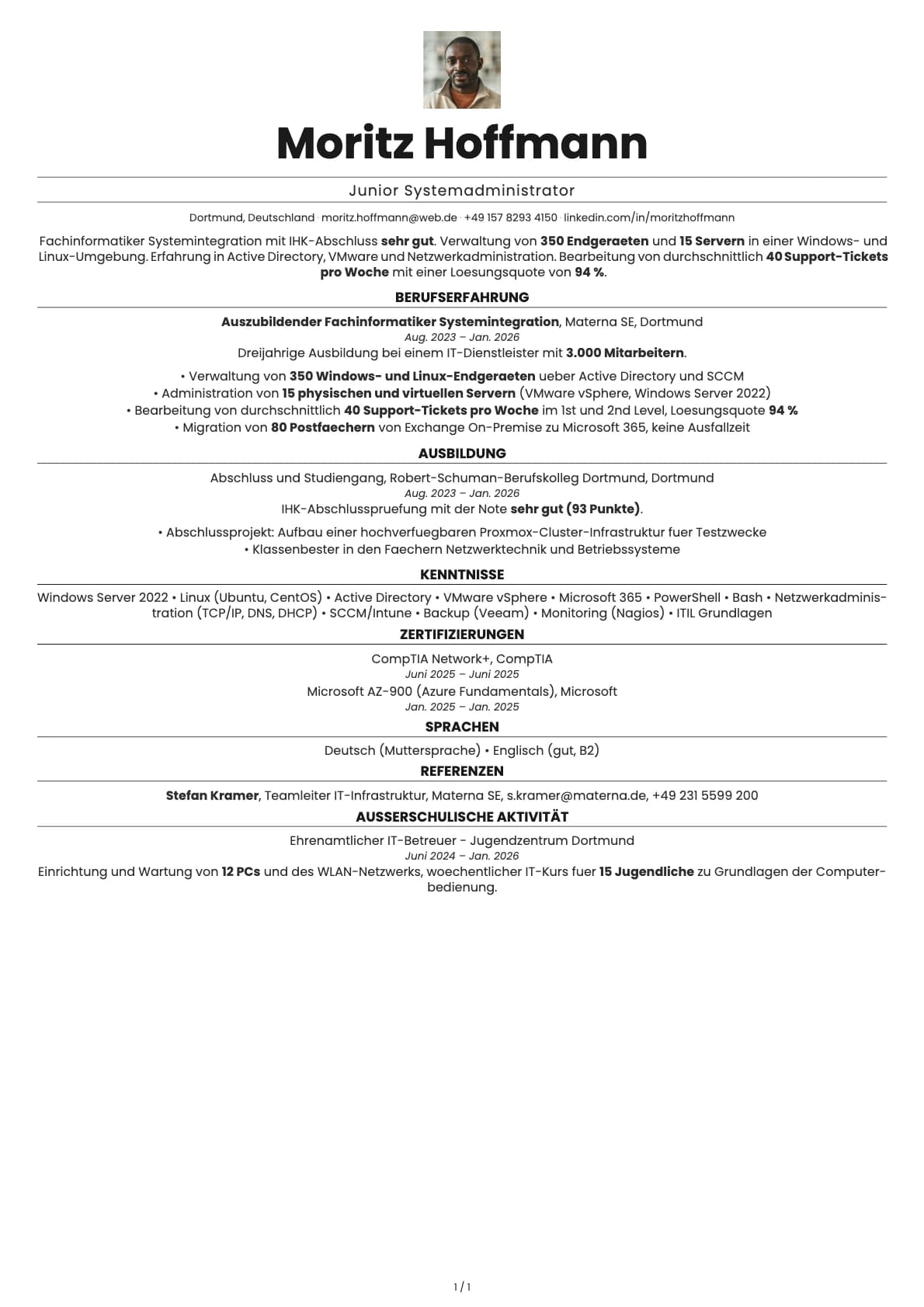 Junior Systemadministrator resume example