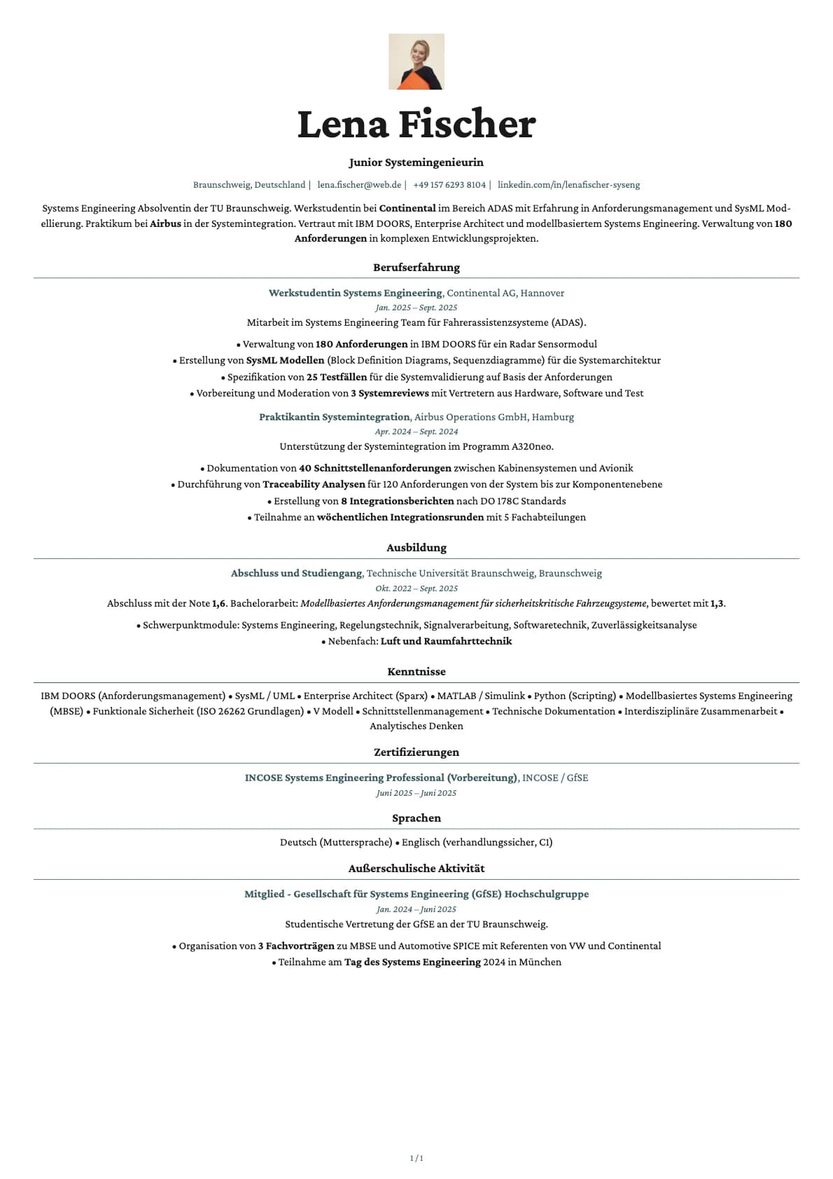 Junior Systemingenieur resume example