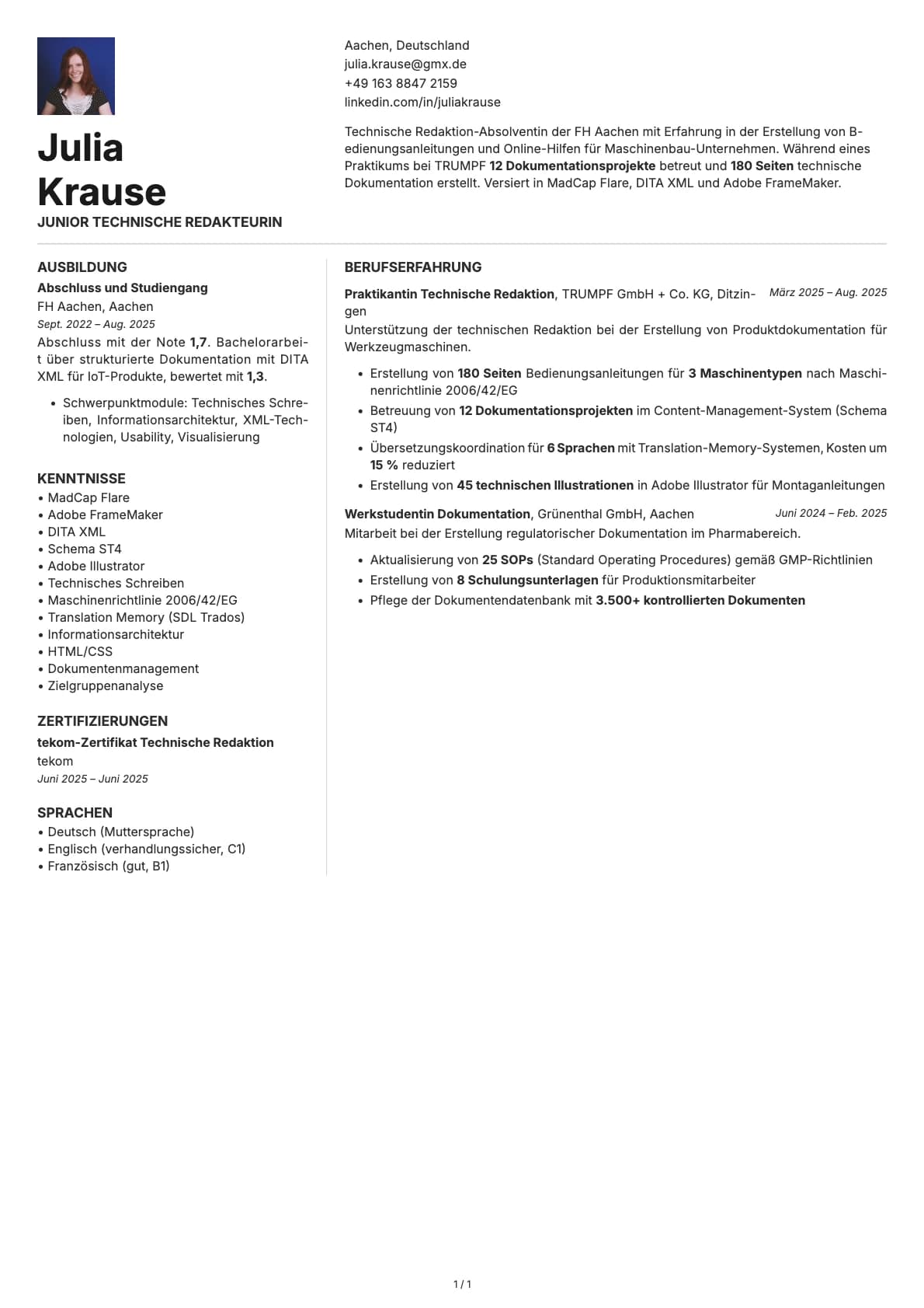Junior Technischer Redakteur resume example