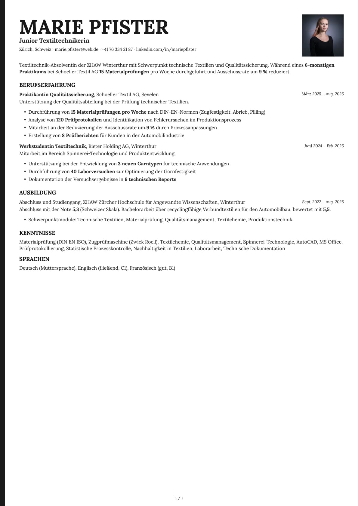 Junior Textiltechniker resume example
