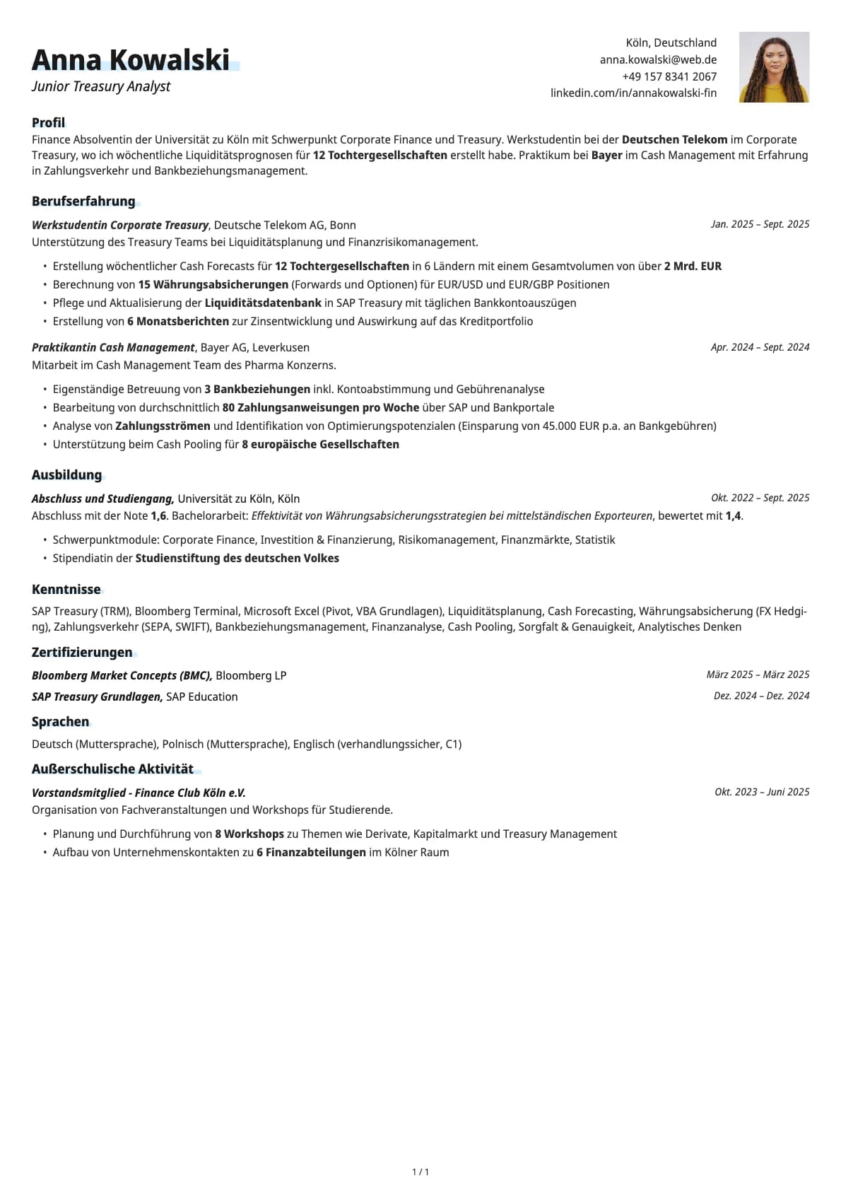 Junior Treasury Analyst resume example