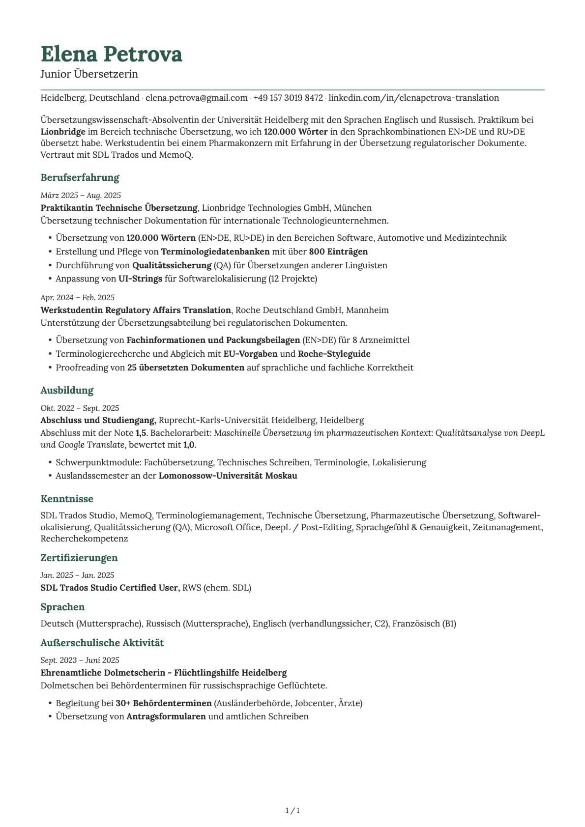 Junior Übersetzerin resume example