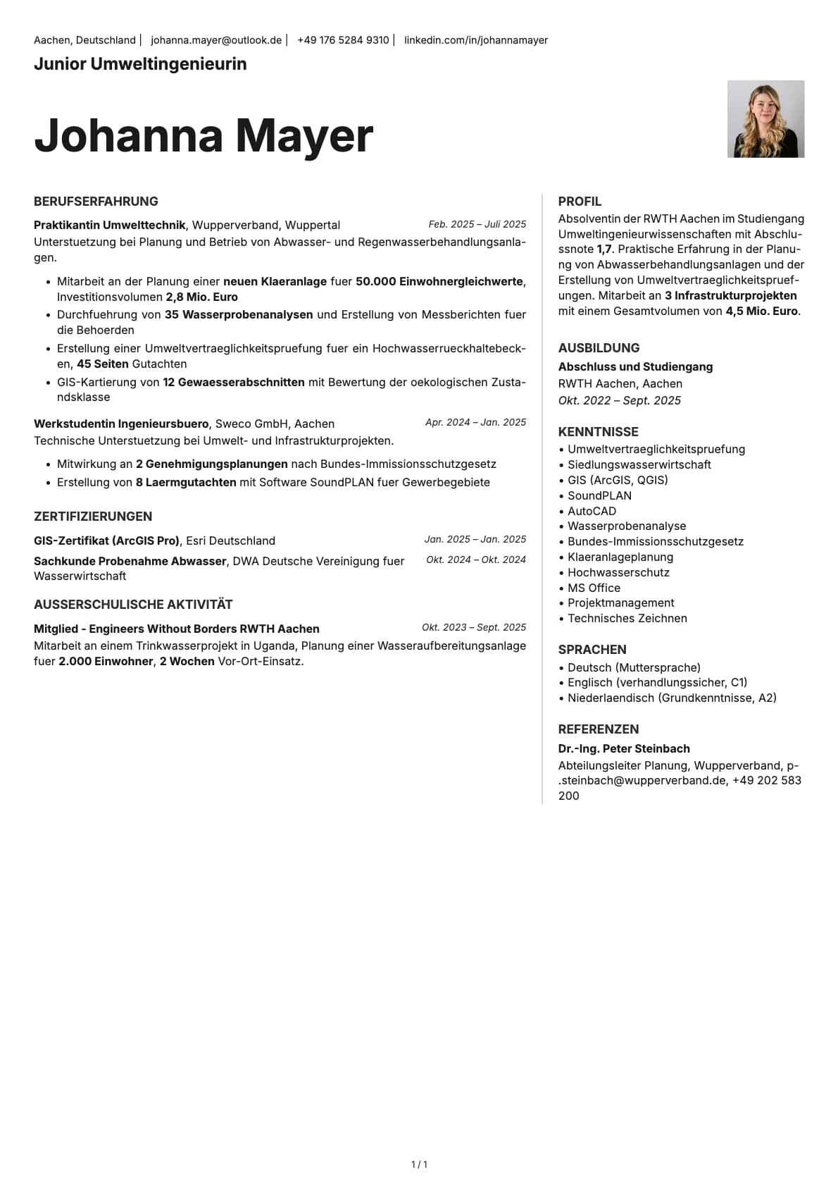 Junior Umweltingenieurin resume example