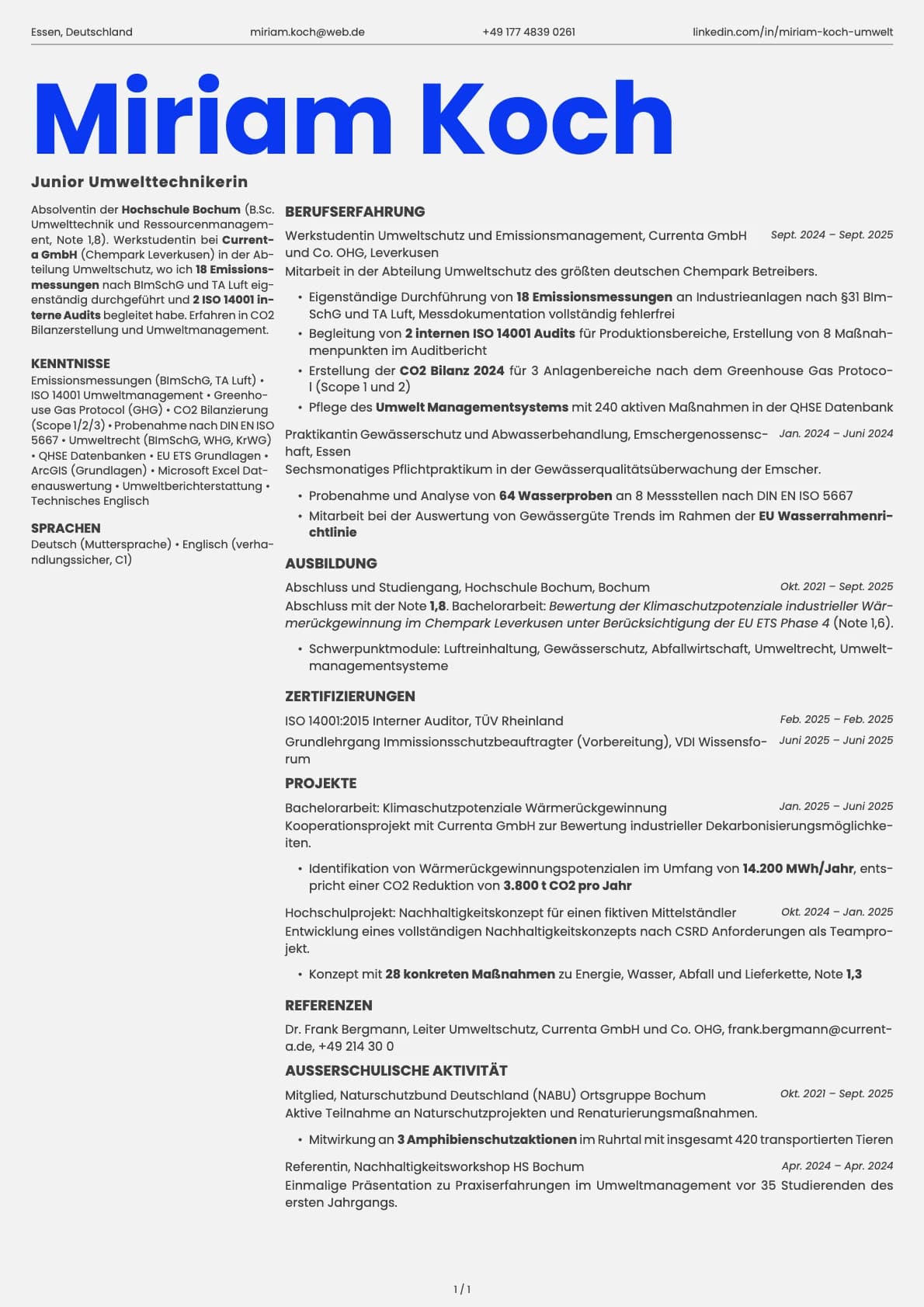 Junior Umwelttechniker resume example