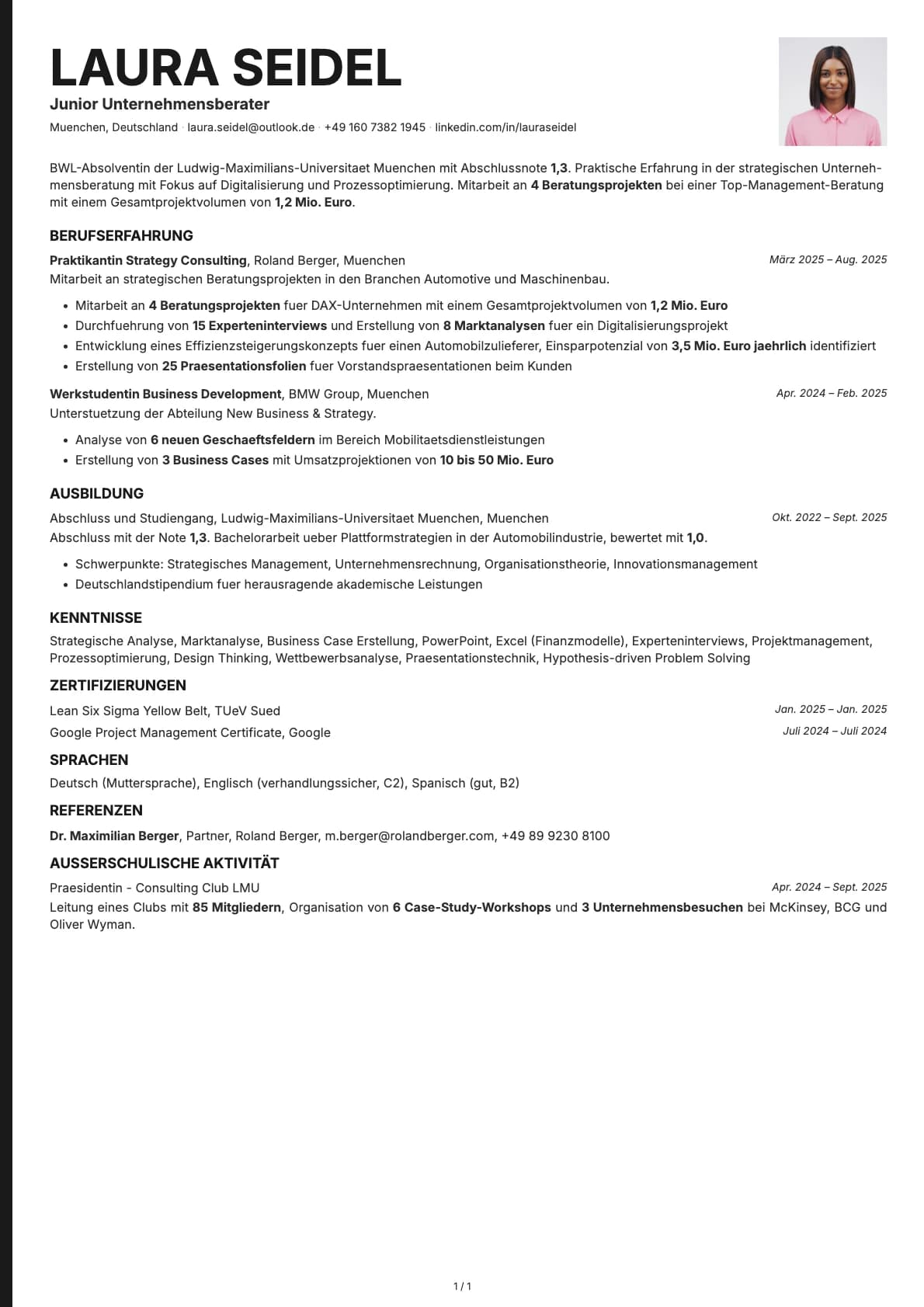Junior Unternehmensberater resume example