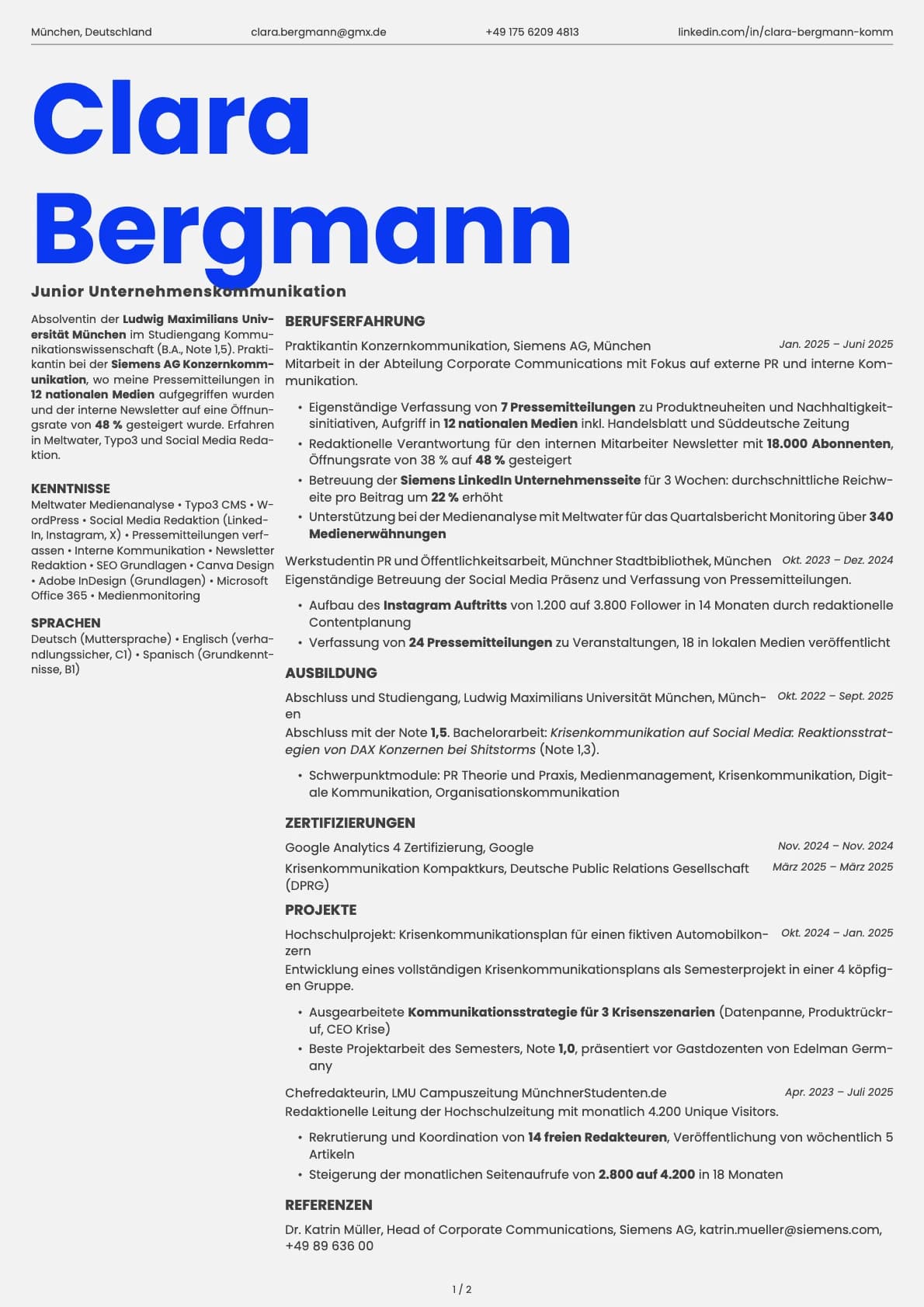 Junior Unternehmenskommunikation resume example