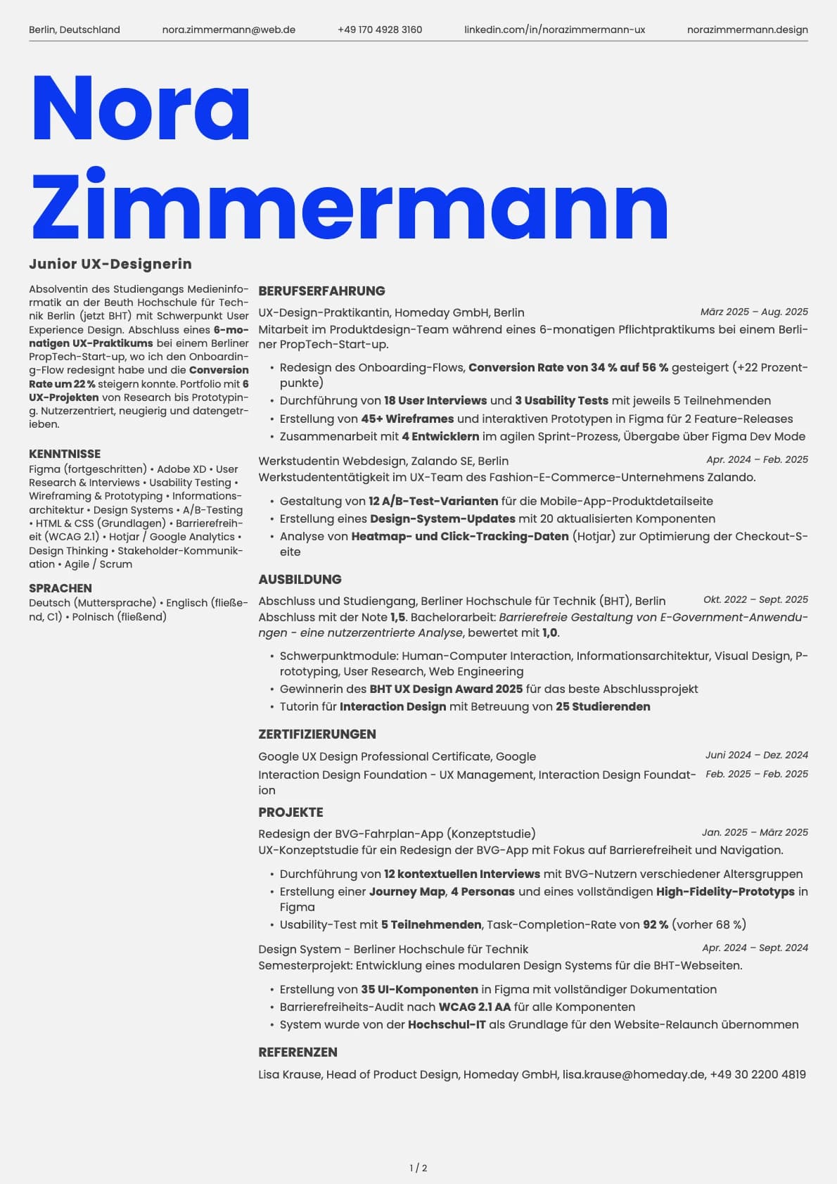 Junior UX Designer resume example