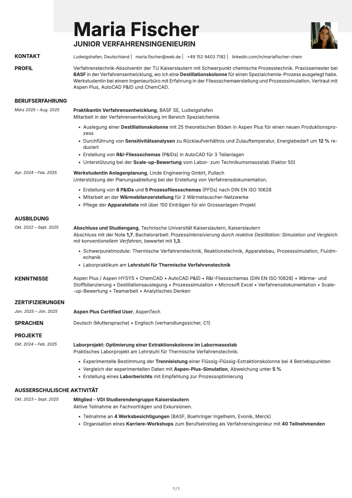 Junior Verfahrensingenieurin resume example