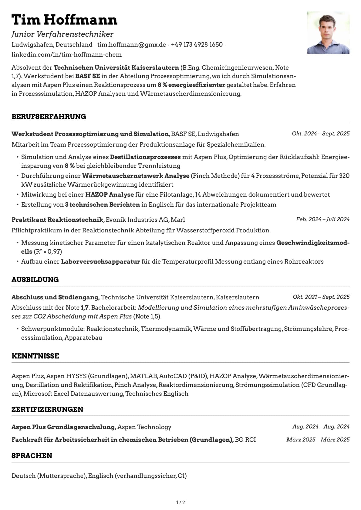 Junior Verfahrenstechniker resume example