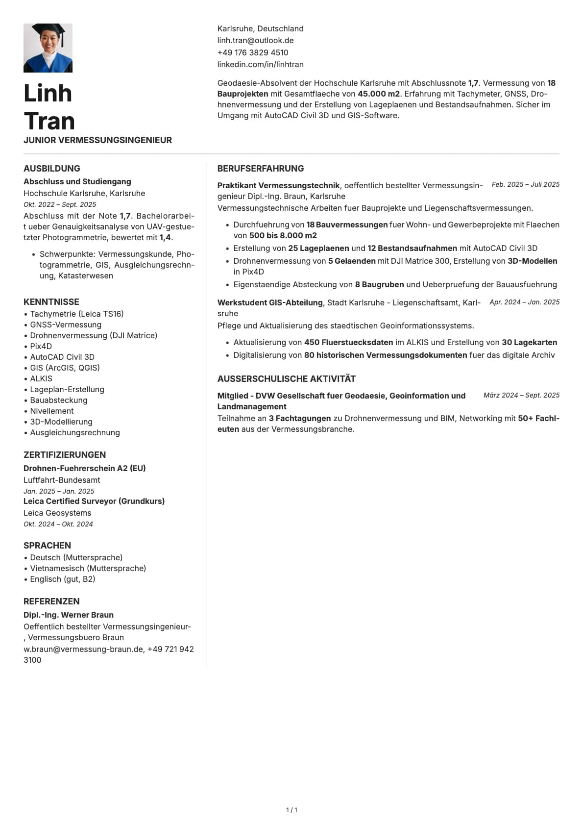 Junior Vermessungsingenieur resume example