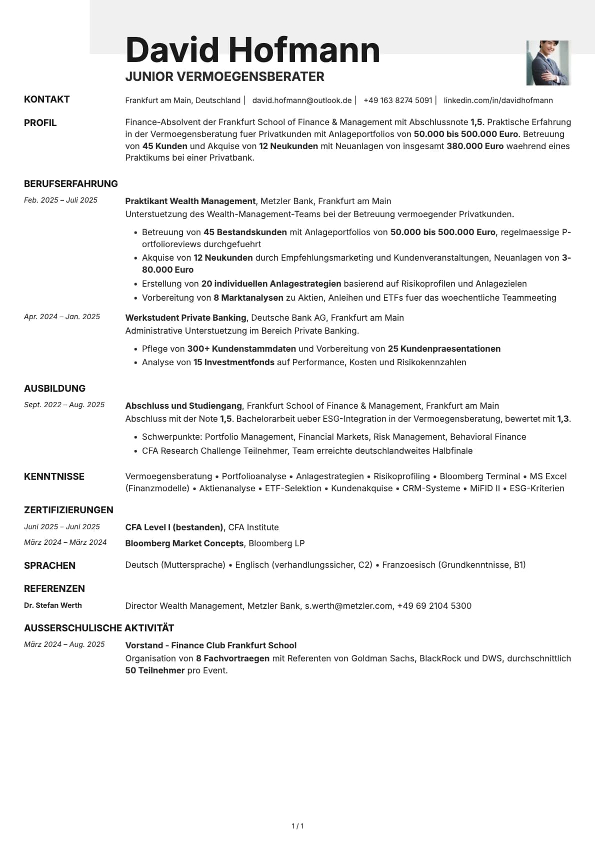Junior Vermoegensberater resume example