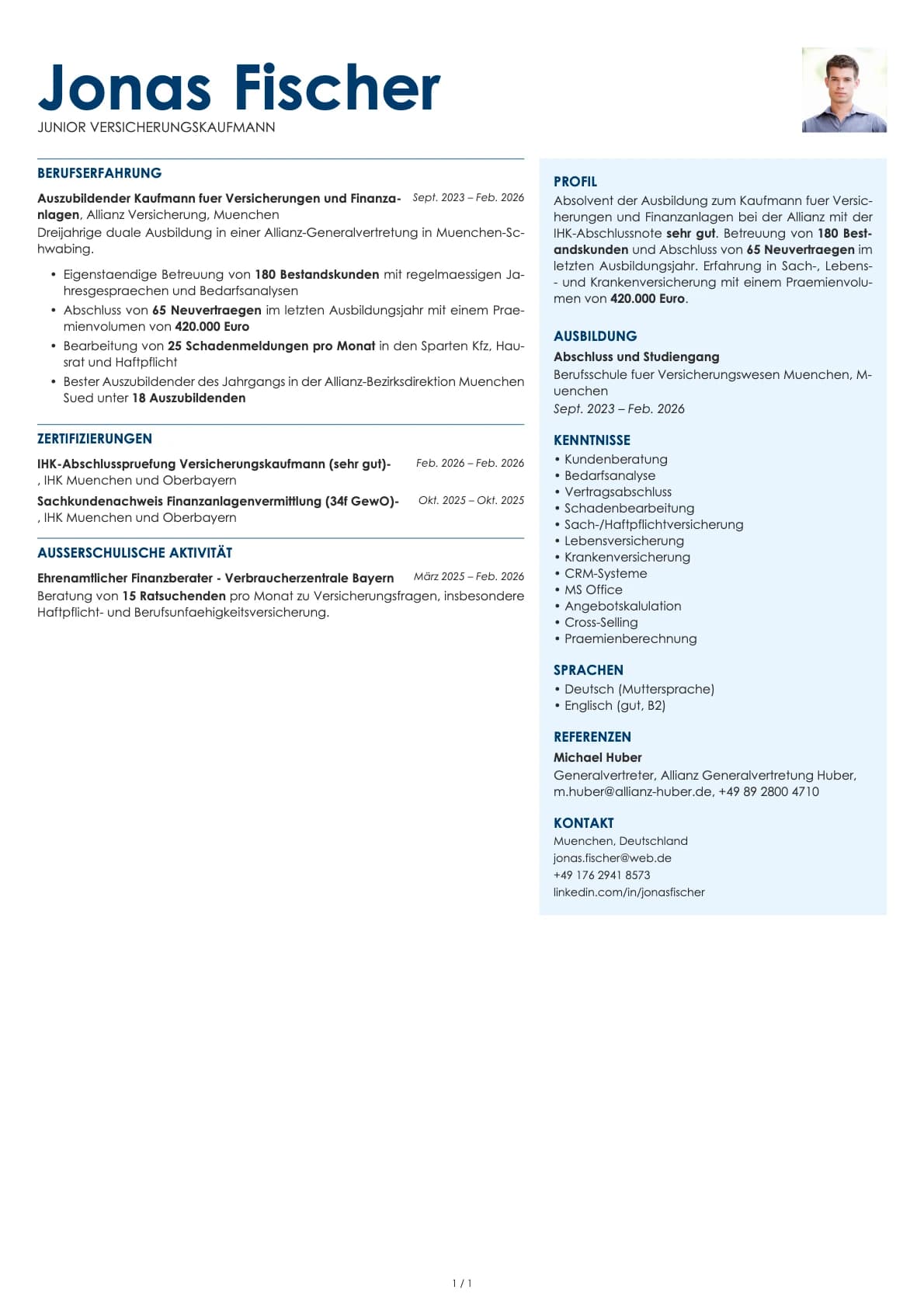 Junior Versicherungskaufmann resume example