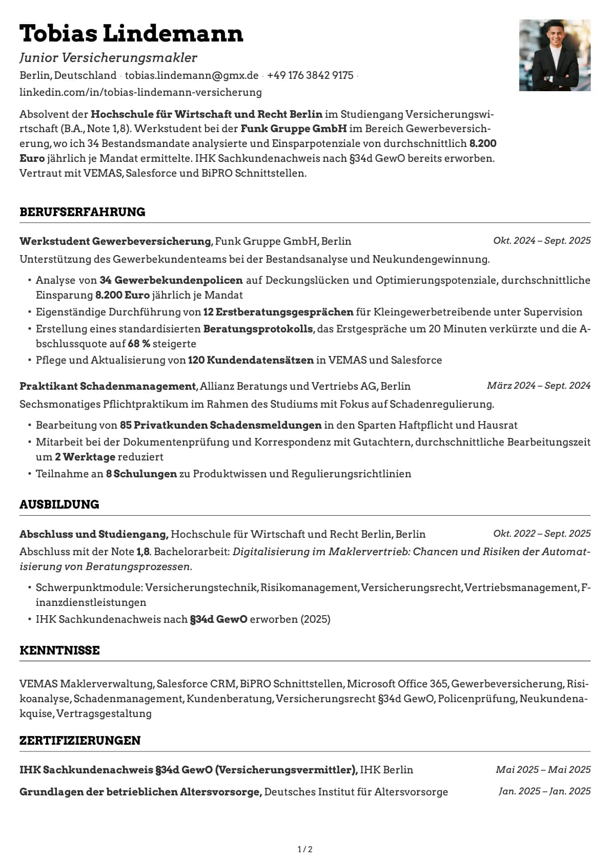Junior Versicherungsmakler resume example
