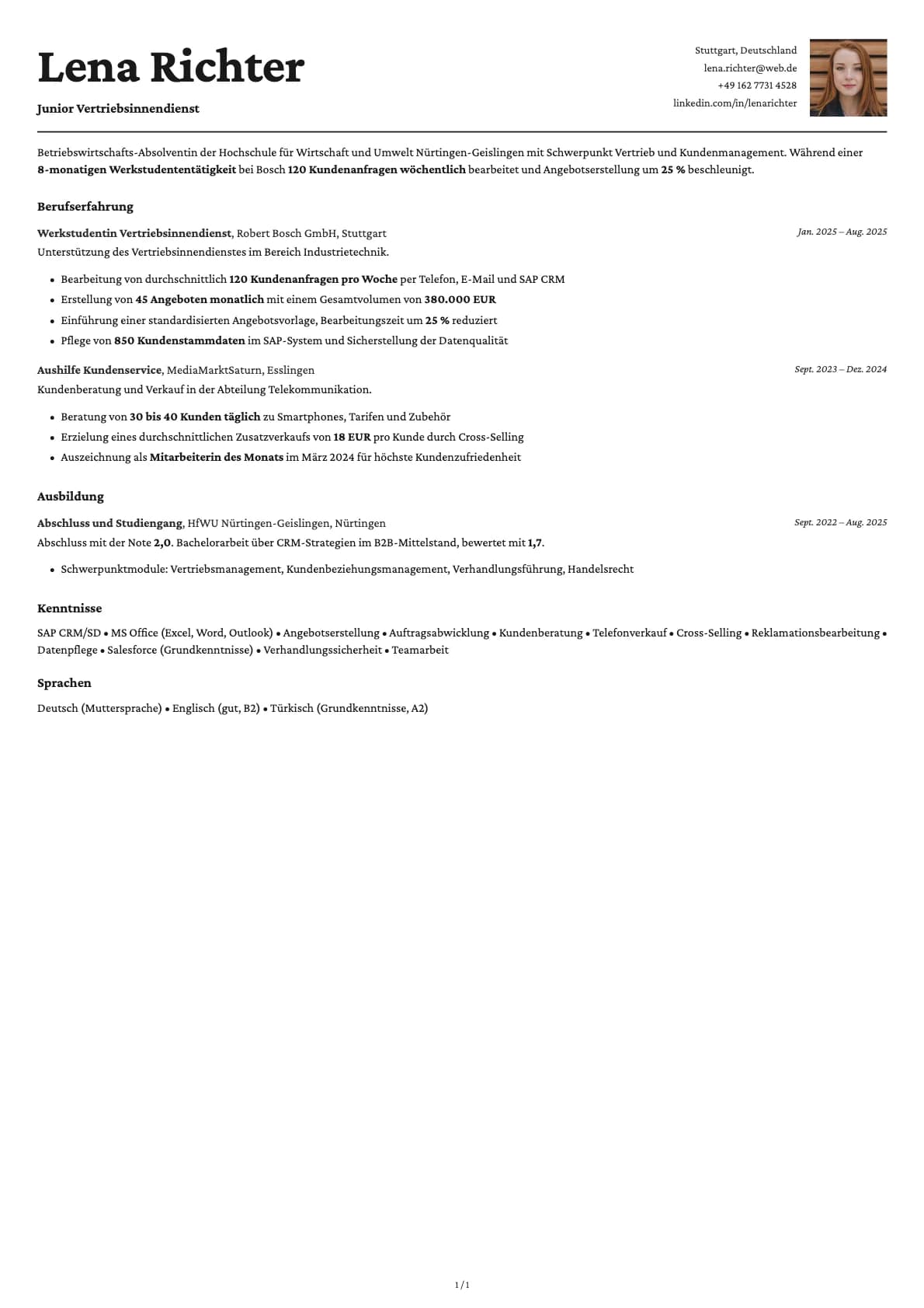 Junior Vertriebsinnendienst resume example