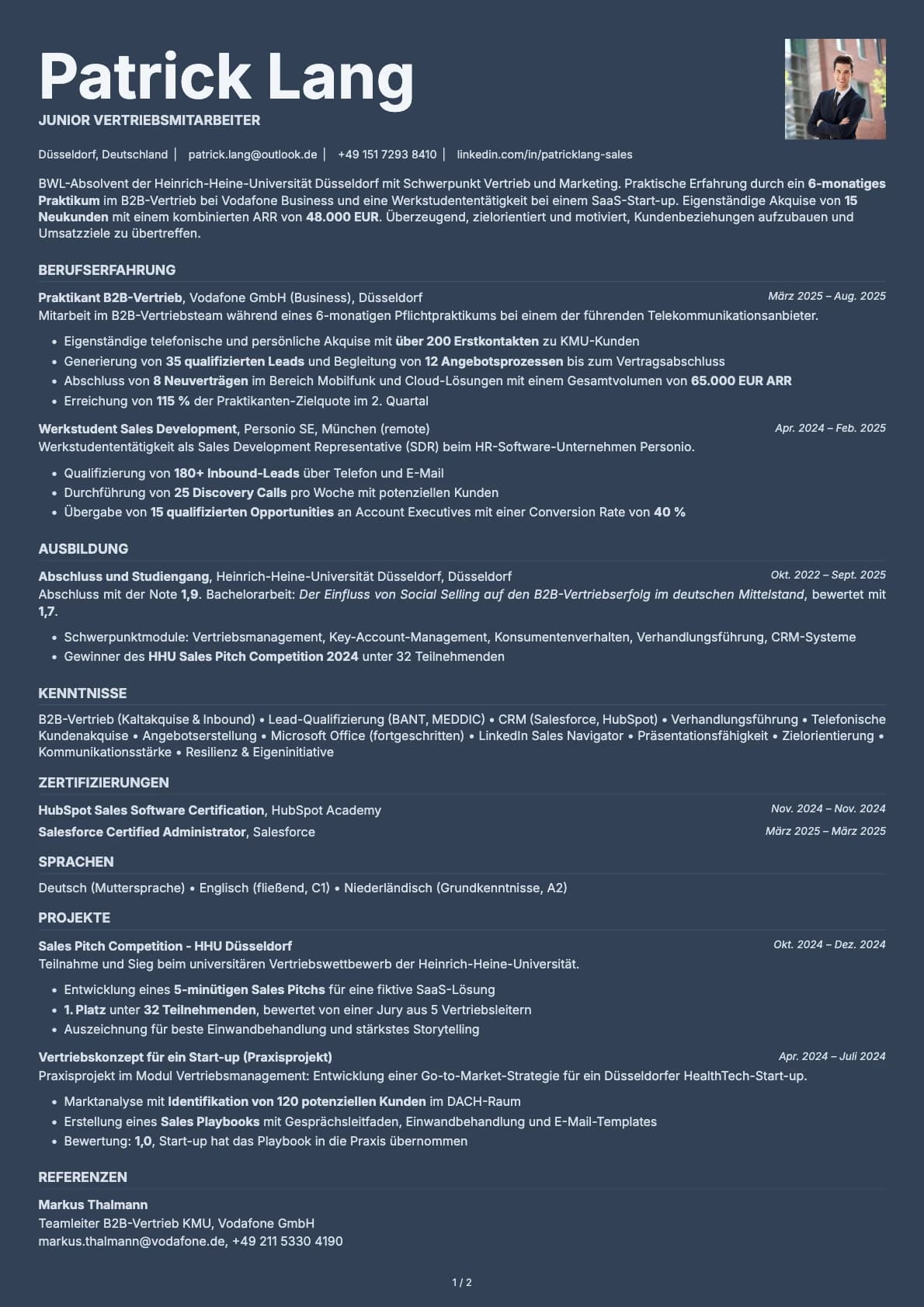 Junior Vertriebsmitarbeiter resume example
