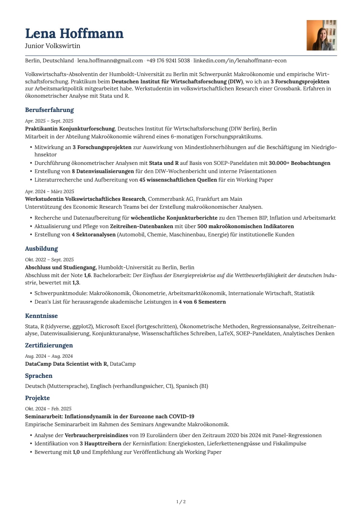 Junior Volkswirtin resume example