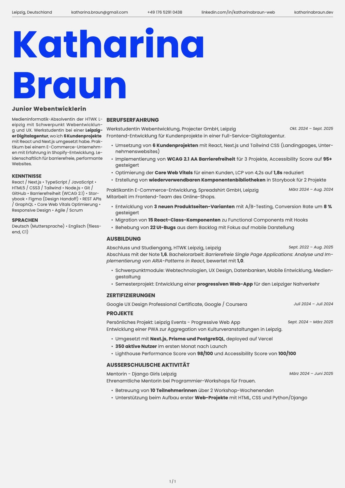 Junior Webentwicklerin resume example