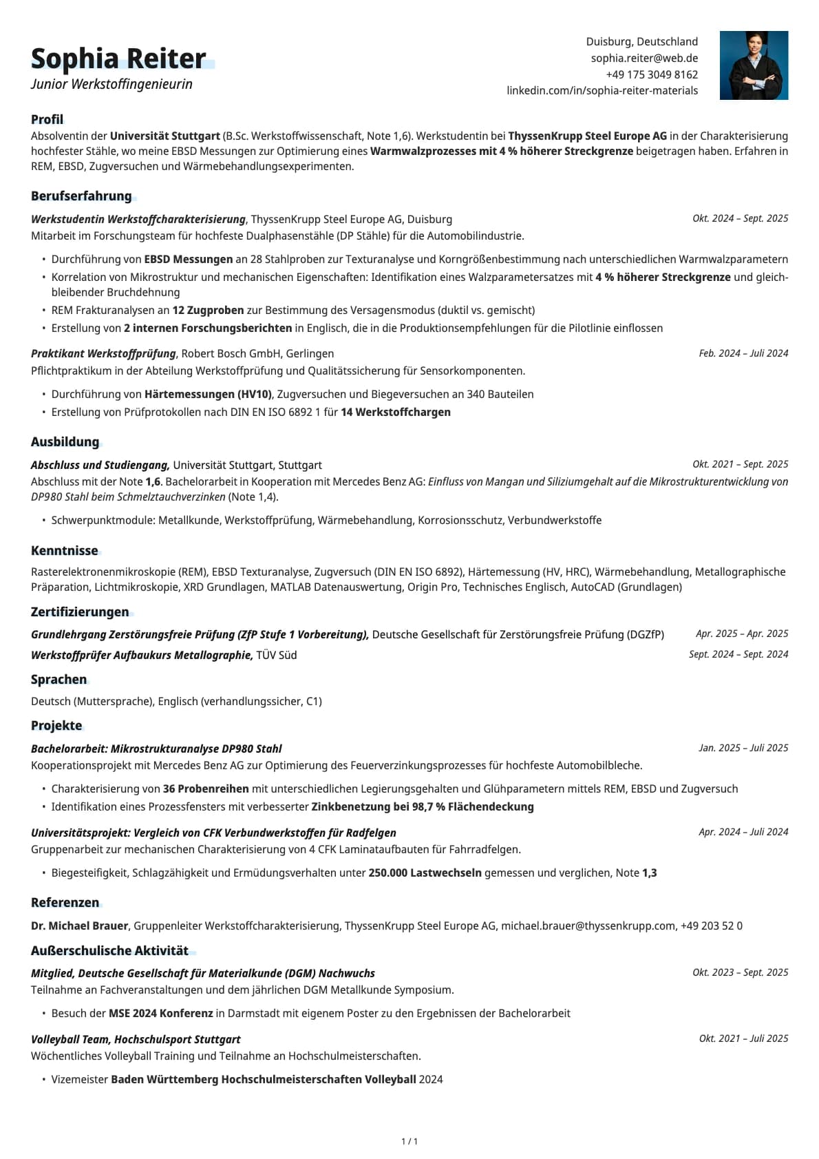 Junior Werkstoffingenieur resume example