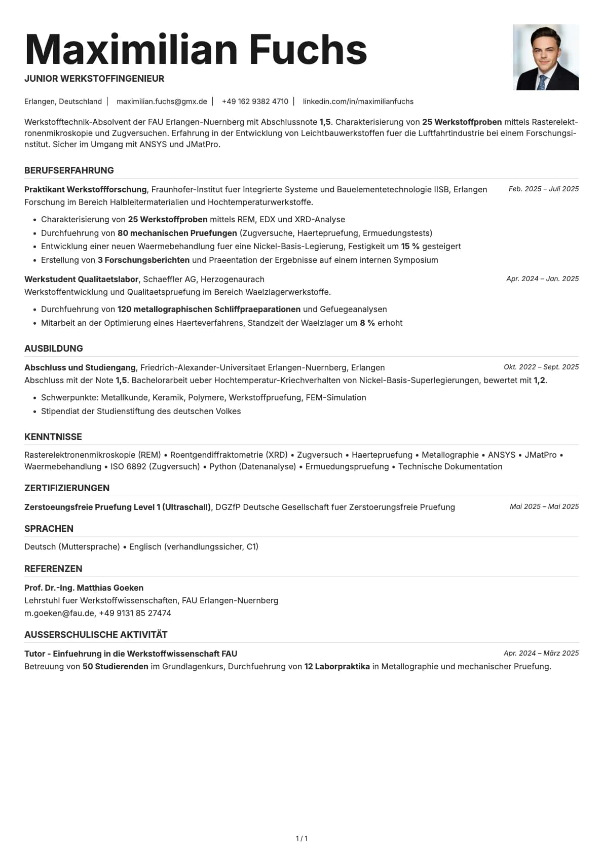 Junior Werkstoffingenieur resume example