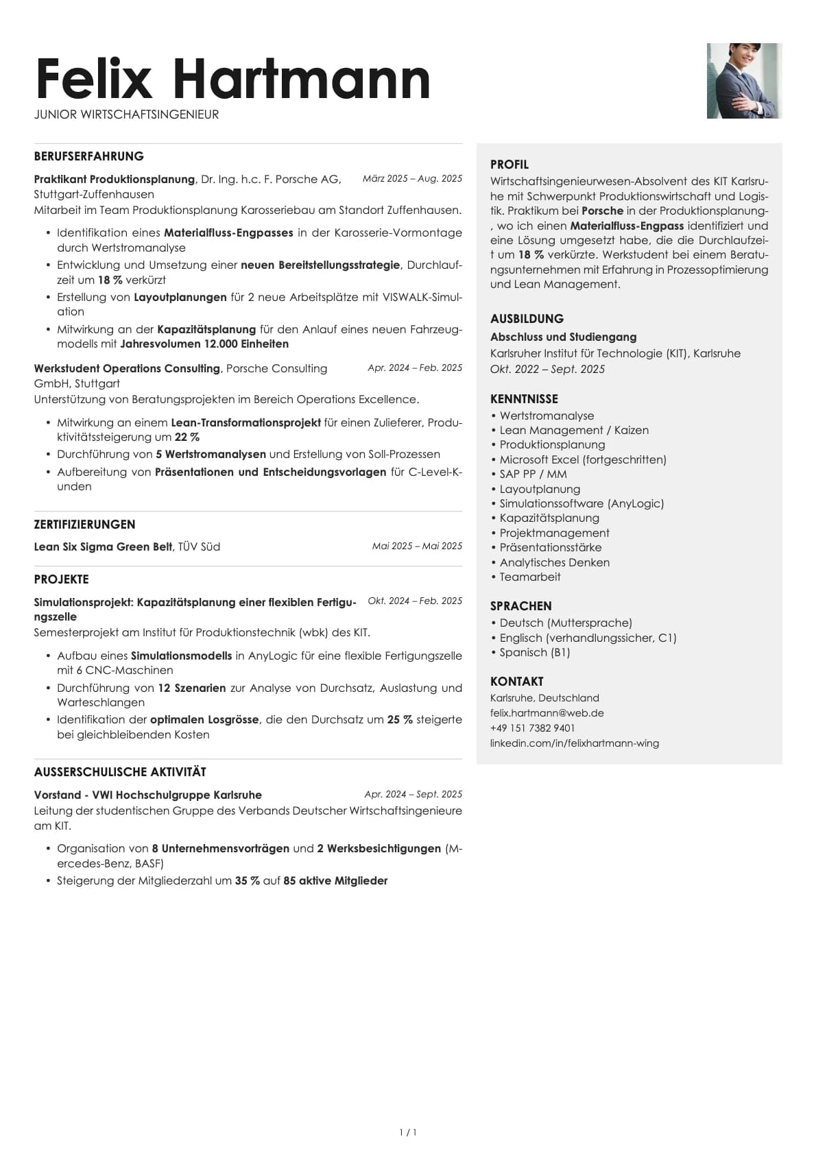 Junior Wirtschaftsingenieur resume example