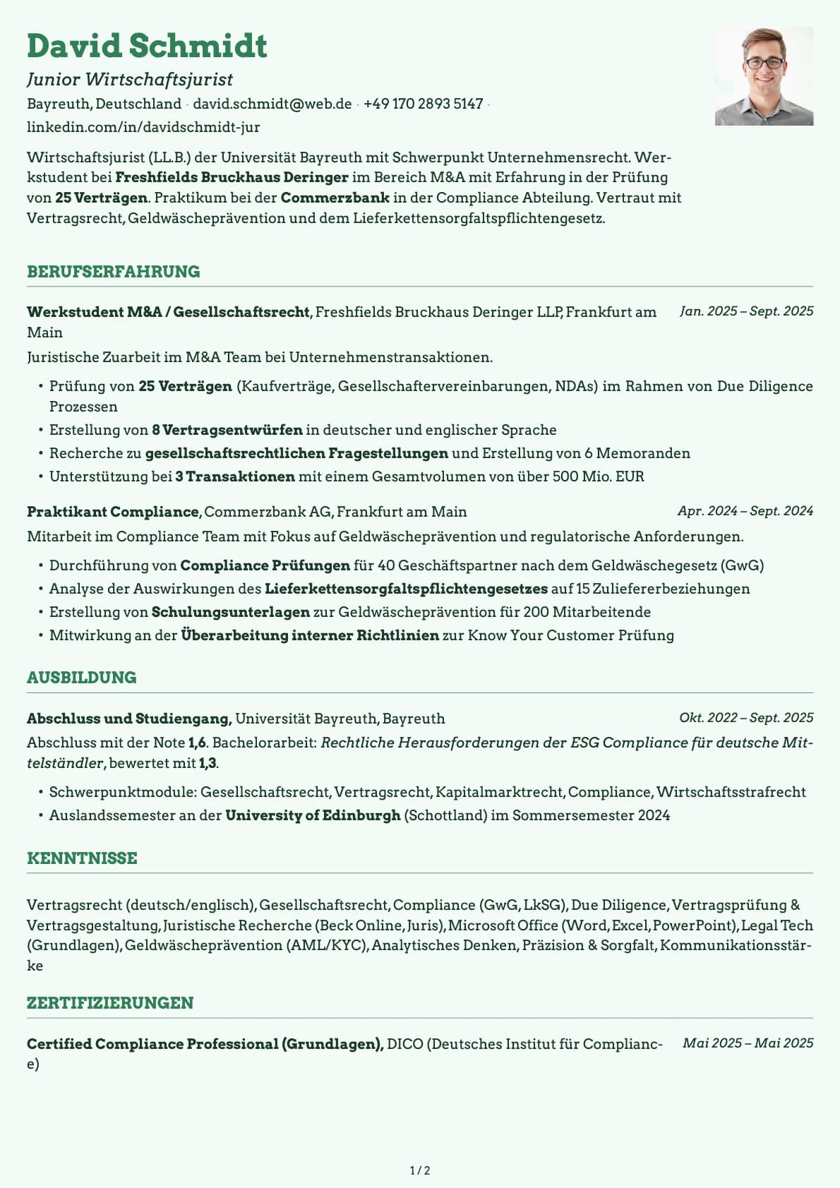 Junior Wirtschaftsjurist resume example