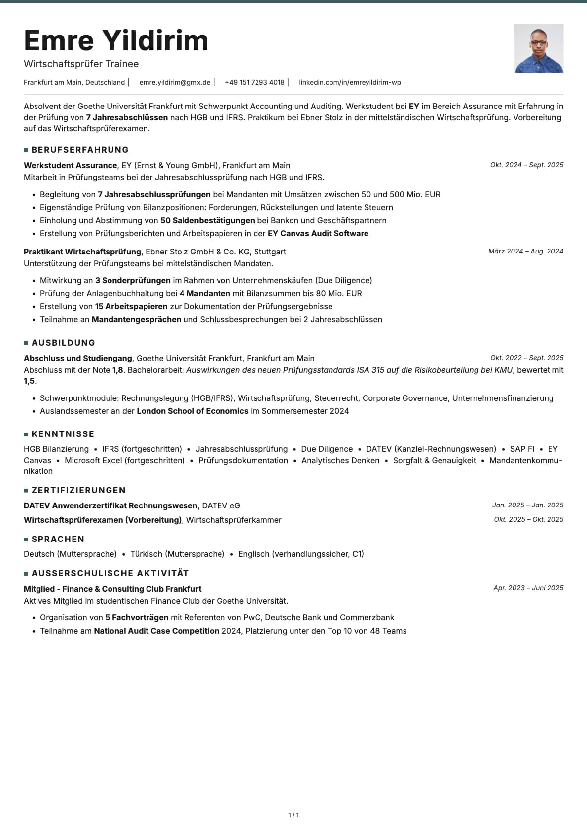 Wirtschaftsprüfer Trainee resume example