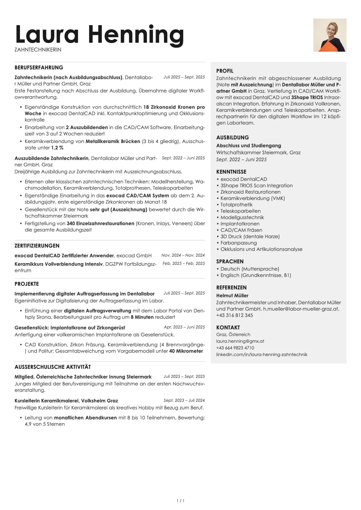 Junior Zahntechniker resume example